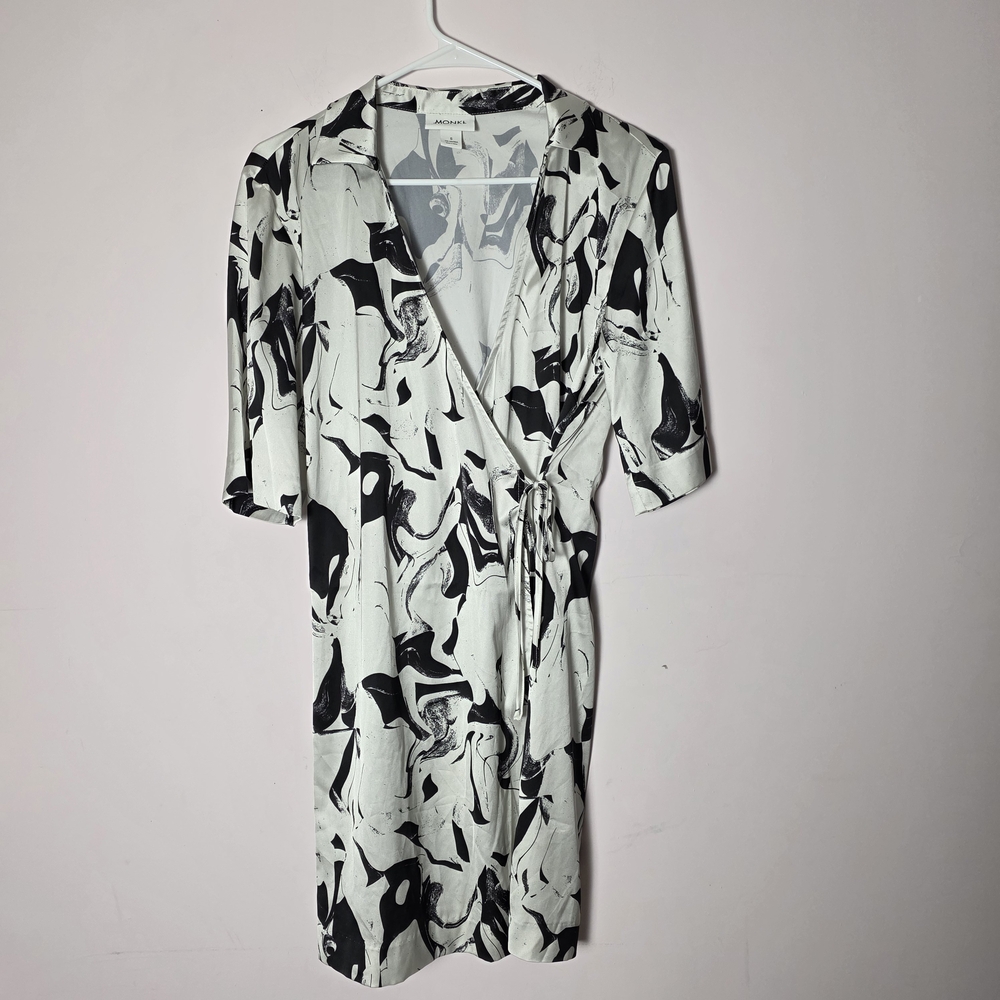 Monki Black & White Abstract Wrap Dress Midi Tie Waist Minimalist Art Print S